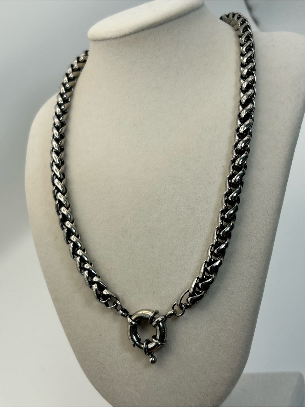 Gunmetal Wheat Chain Necklace Thick Chunky Edgy 16" Unsigned - Picture 3 of 12